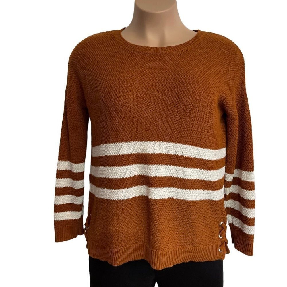 PINK ROSE Women's Striped Sweater Size XL Caramel‎ White Side Laces Scoop Neck
